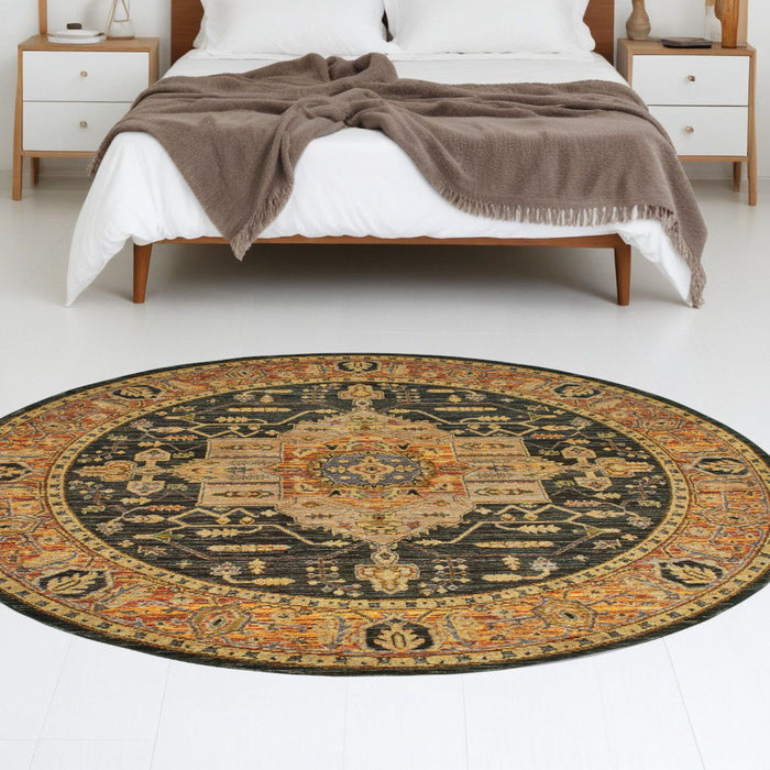 8' Round Oriental Power Loom Area Rug - Black And Gold