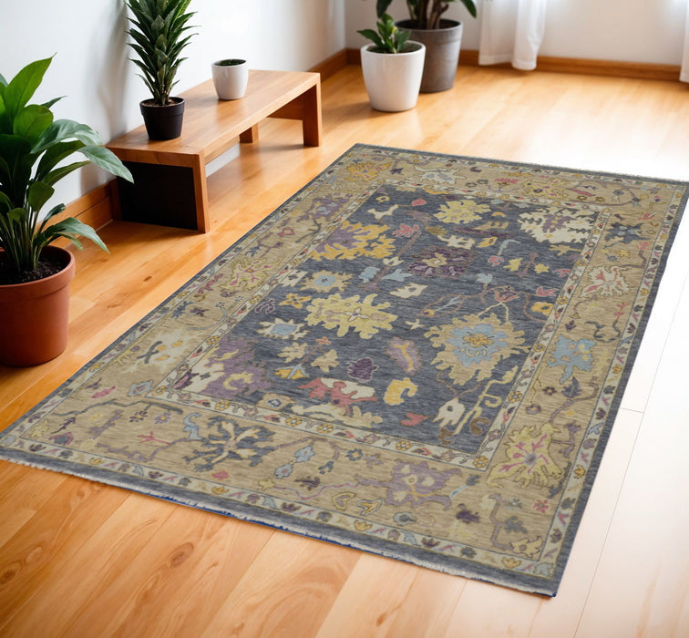 4' X 6' Wool Oriental Hand Knotted Area Rug With Fringe - Gold