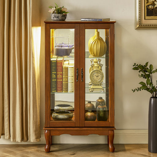 Giga lighted display cabinet with adjustable shelves, mirrored back, tempered glass doors, and E26 bulb socket for showcasing collectibles.