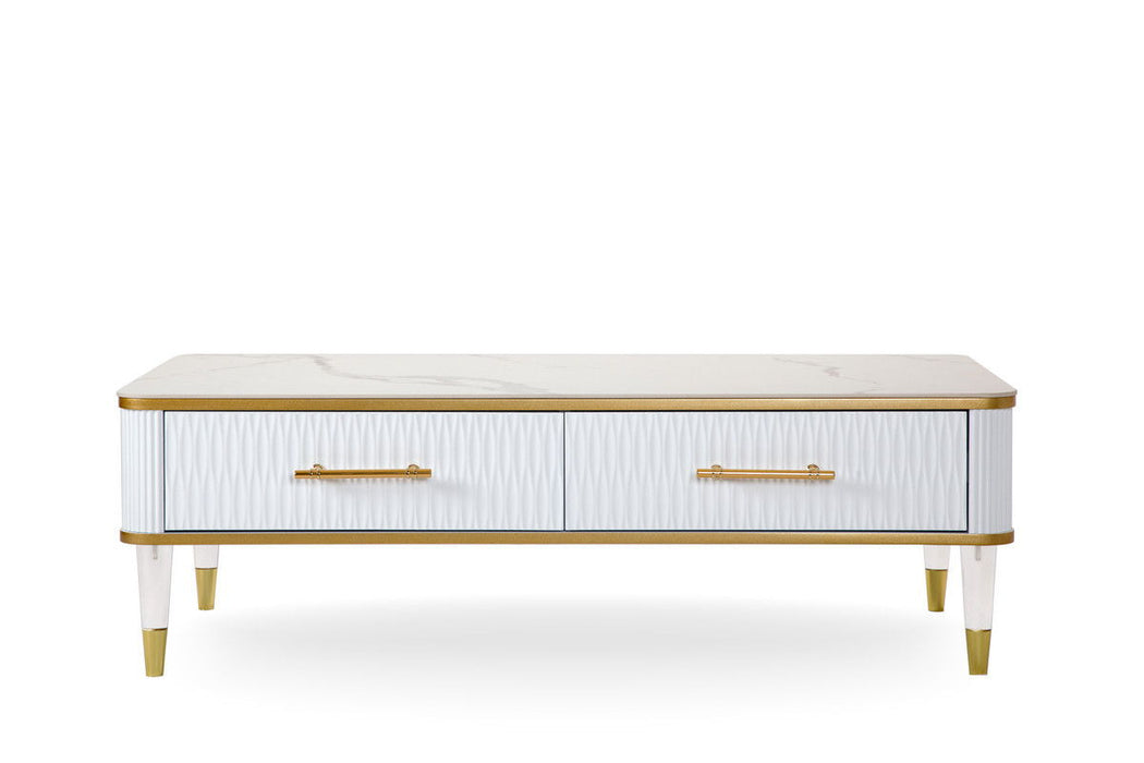 Gold And Faux Stone Rectangular Coffee Table With Drawer - White