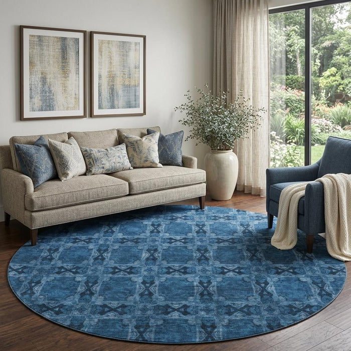 8' Floral Medallion Washable Round Rug With UV Protection (649501) - Navy Blue / Gray