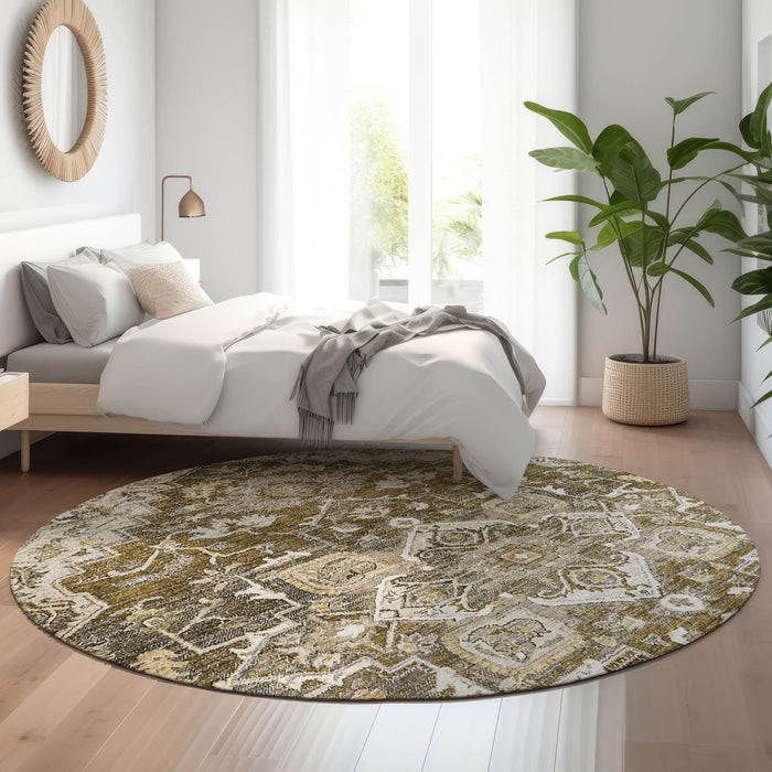 8' Floral Medallion Washable Round Rug With UV Protection - Brown