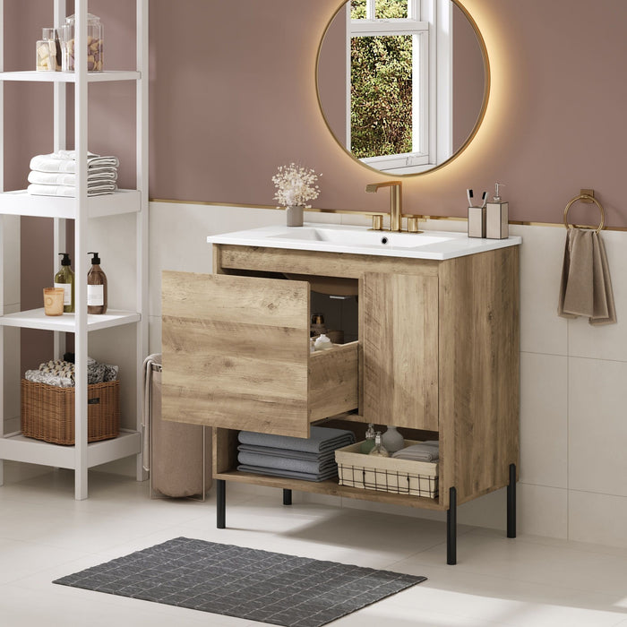 Giga bathroom vanity cabinet with sink, sliding drawer, soft-close door, and open shelf in natural wood finish.