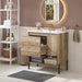 Giga bathroom vanity cabinet with sink, sliding drawer, soft-close door, and open shelf in natural wood finish.