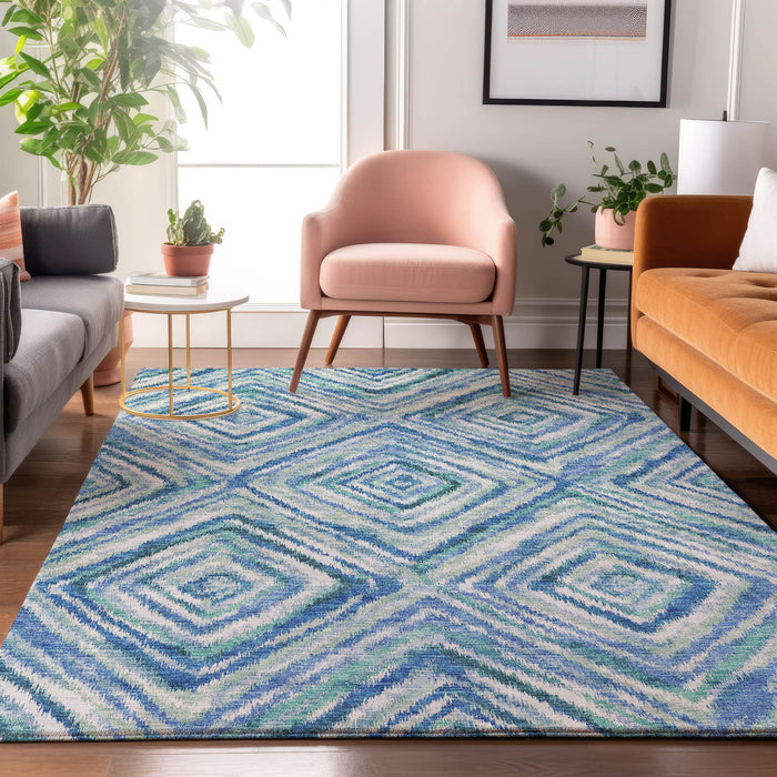 8' X 10' Geometric Washable Area Rug With UV Protection - Blue / Ivory