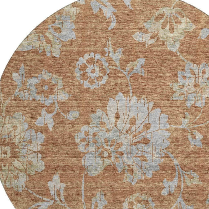 8' Floral Washable Round Rug With UV Protection (667930) - Rust / Gray