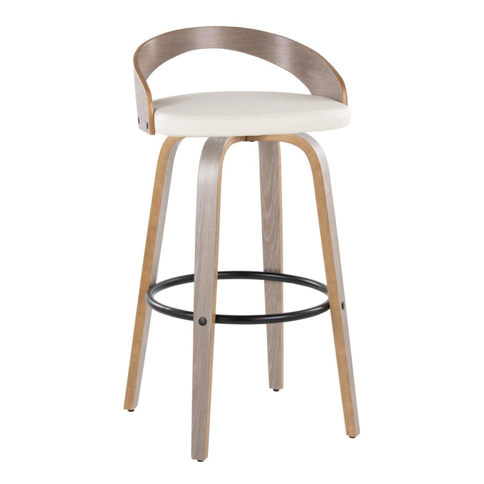 Grotto - Fixed-Height Barstool (Set of 2) - Light Gray Wood, Black Metal, White Faux Leather