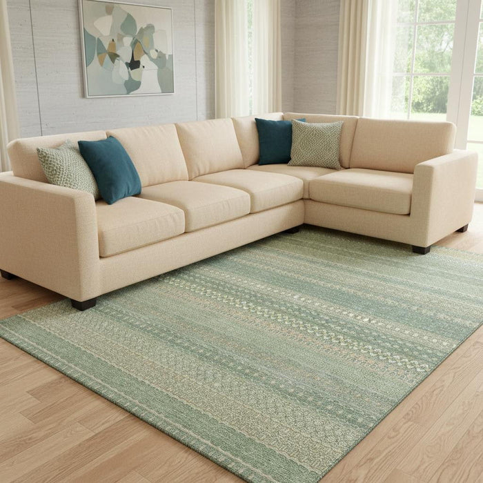 9' X 12' Striped Washable Area Rug With UV Protection (647487) - Fern Green / Ivory