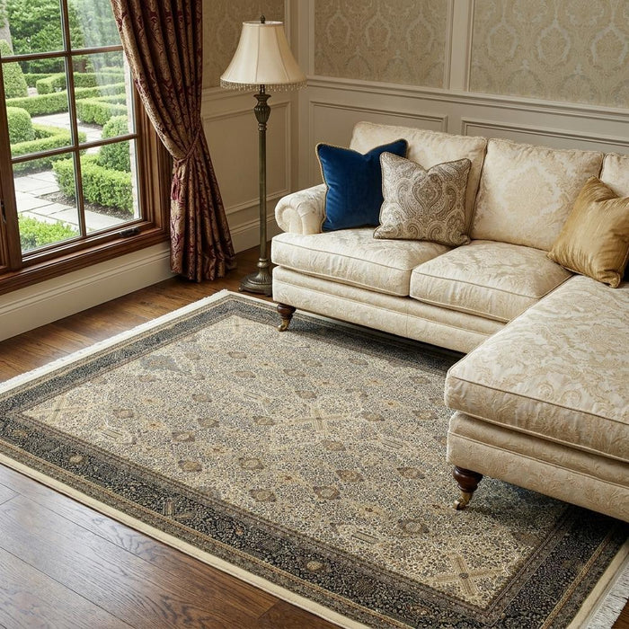 7' X 10' Medallion Area Rug With Fringe (574461) - Ivory / Dark Blue