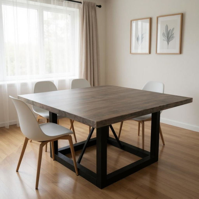 60" Solid Wood And Iron Frame Base Square Dining Table - Dark Brown
