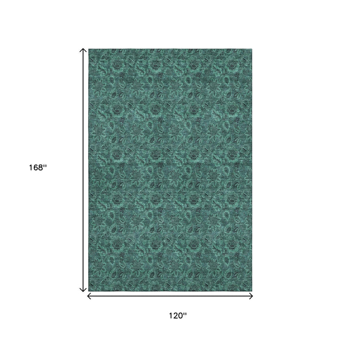 10' X 14' Floral Washable Area Rug With UV Protection (655096) - Teal / Charcoal