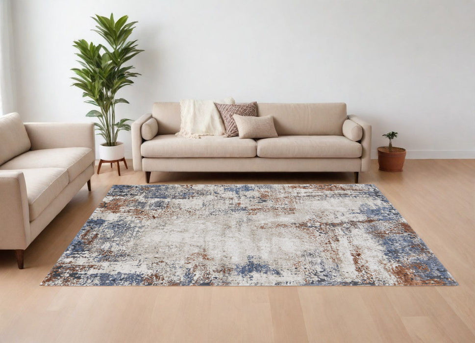 10' x 14' Abstract Power Loom Worn Faded Area Rug - Blue Gray And Brown
