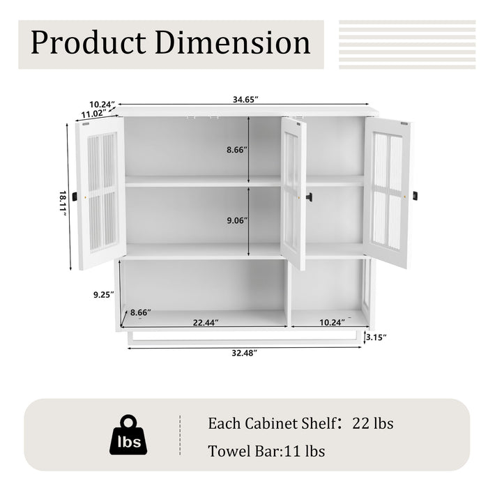 Giga 3-door wall display cabinet with glass doors and towel bar, ideal for bathroom or kitchen storage.