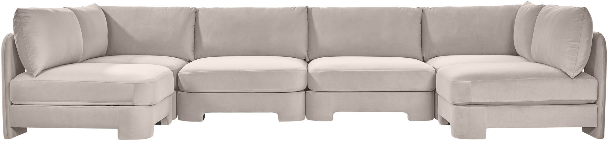Velvet performance fabric beige U-shaped sectional sofa with armless design and plush cushions by Meridian Furniture.