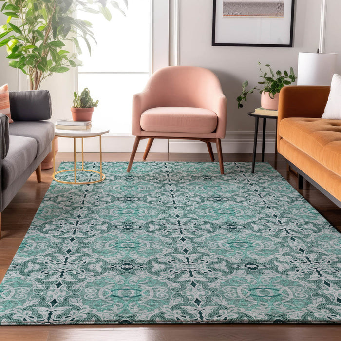 10' X 14' Medallion Washable Area Rug Polyester With UV Protection - Teal And Ivory
