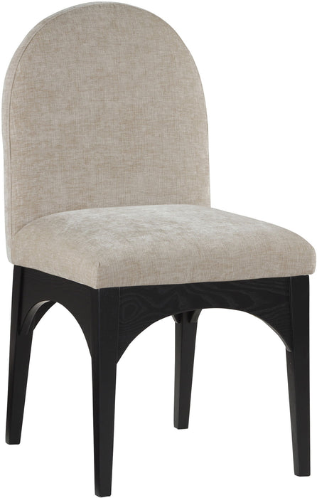 Meridian Furniture Waldorf chenille dining side chair with black legs and plush upholstered seat and backrest.