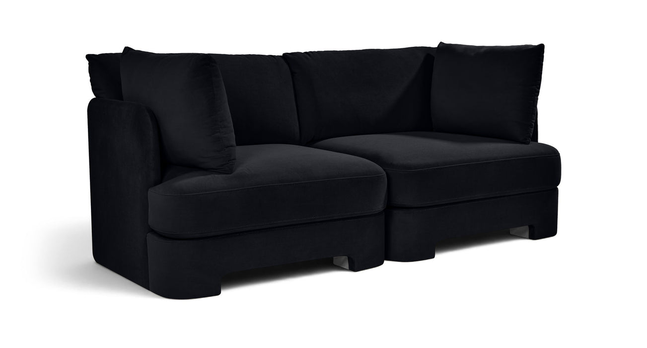 Meridian Furniture Hammond velvet upholstered 2-piece loveseat sectional with plush cushions and sleek design in a modern living room setting.