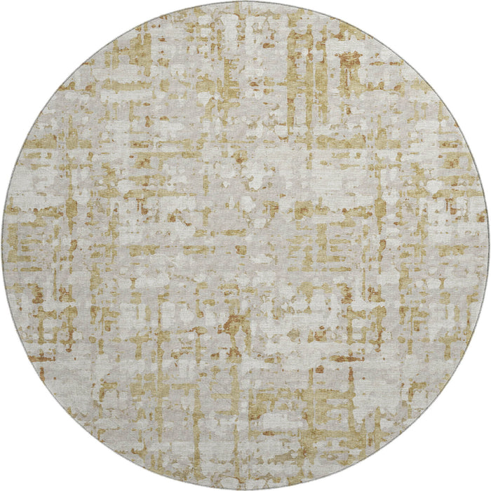 8' Abstract Washable Round Rug With UV Protection - Camel And Ivory