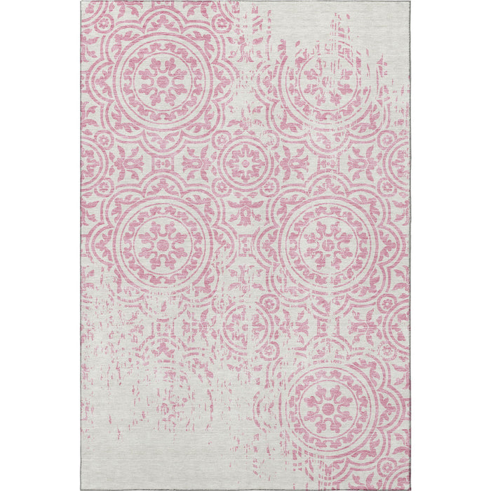 8' X 10' Medallion Washable Area Rug With UV Protection - Pink / Ivory