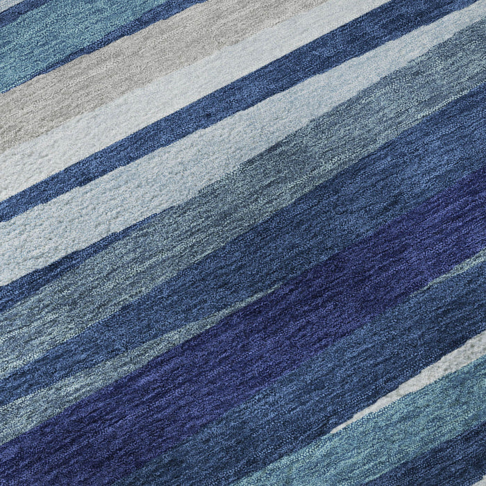 10' X 14' Striped Washable Area Rug With UV Protection (678508) - Navy Blue / Ivory / Gray
