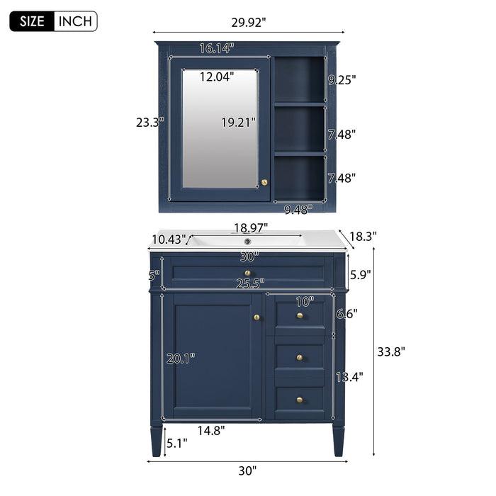 Giga bathroom vanity set with top sink, two doors, three drawers, freestanding design, mirror cabinet included, modern style.
