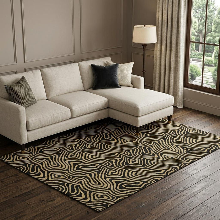 10' X 14' Abstract Washable Area Rug With UV Protection (680939) - Black / Gold