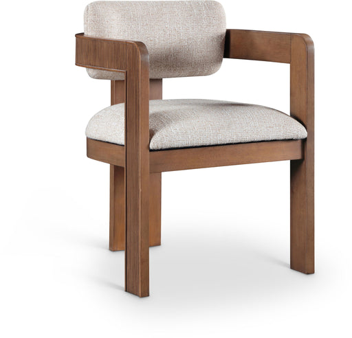 Set of two Meridian Furniture Sacha linen dining chairs with brown bases, showcasing modern design and comfortable seating.