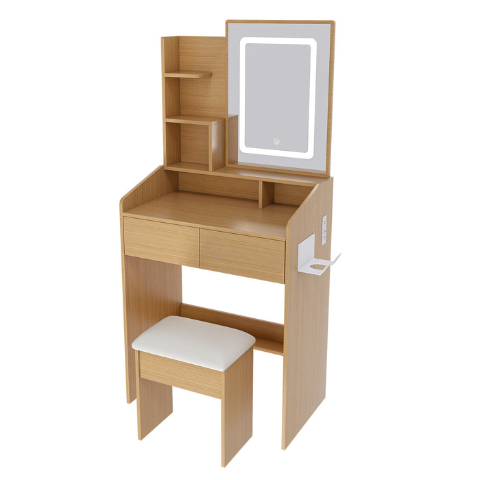 Giga vanity set with LED mirror, power outlet, hairdryer holder, padded stool, compact wood dressing desk for small bedrooms