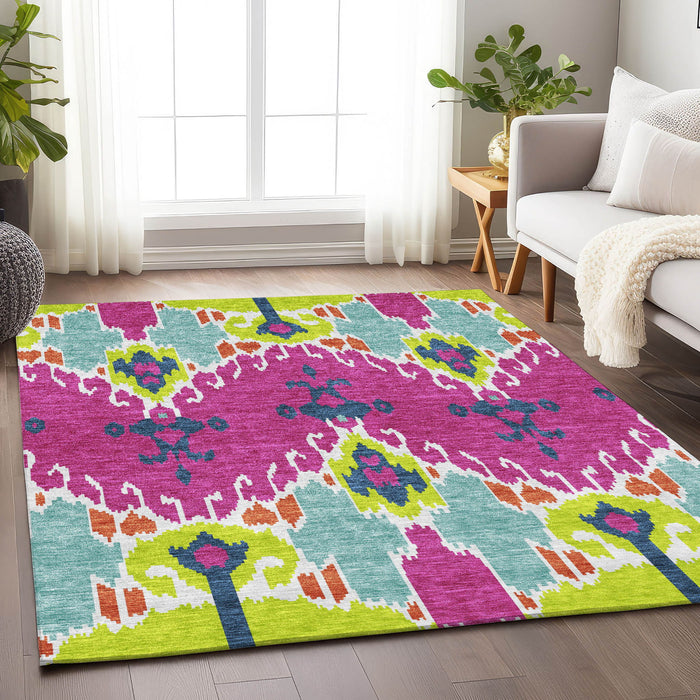 8' X 10' Ikat Washable Area Rug With UV Protection - Pink