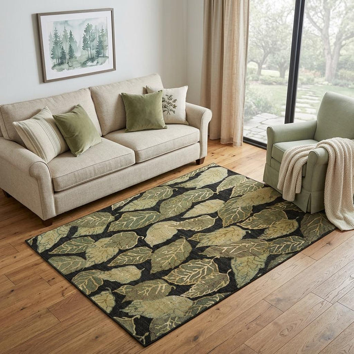 5' X 8' Floral Hand Knotted Area Rug (744190) - Black / Green / Ivory