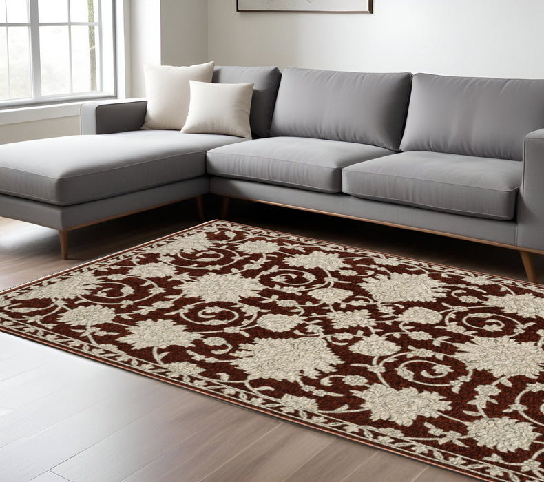 7' X 10' Floral Area Rug With Fringe - Beige