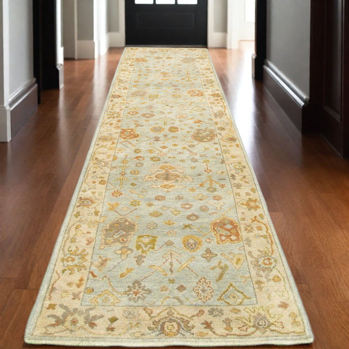 10' Wool Oriental Hand Knotted Runner Rug - Blue And Sand