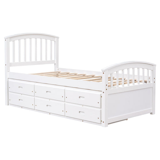 Giga platform storage bed made of solid wood with six built-in drawers, showcasing a sturdy and functional design.