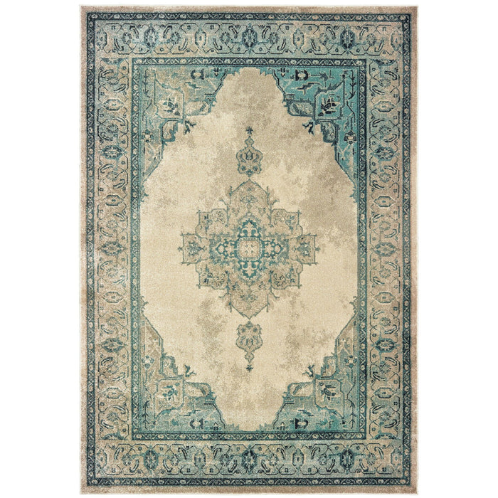 10' X 13' Oriental Distressed Area Rug - Ivory And Blue