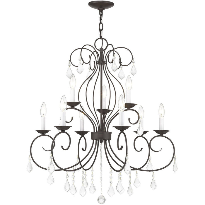Nine Light Metal Dimmable Chandelier With Shades - Bronze / Clear