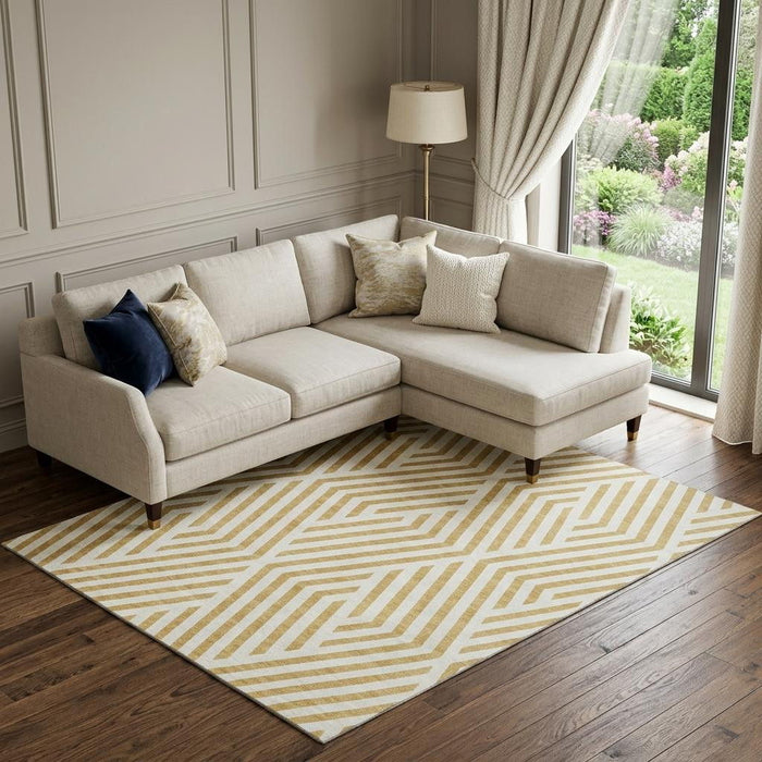 9' X 12' Geometric Washable Area Rug With UV Protection (648537) - Gold / Ivory
