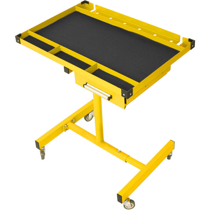 Giga adjustable tear-down work table with drawer, heavy-duty steel, rubber corners, four swivel casters, and 220-lb capacity.