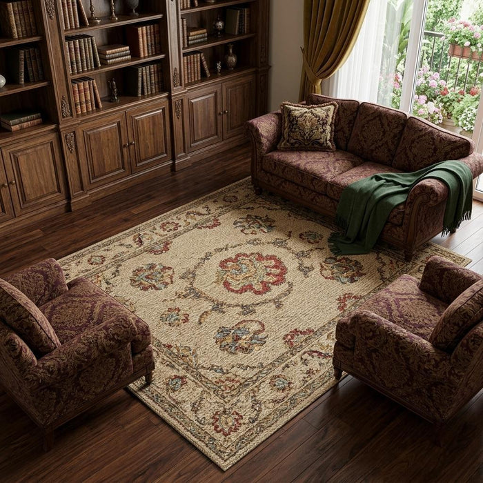 9' X 13' Wool Oriental Hand Knotted Area Rug (744099) - Tan / Gold / Red