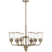 Six-light metal chandelier with shades in antiqued brass finish, featuring clear glass shades, by HomeRoots.