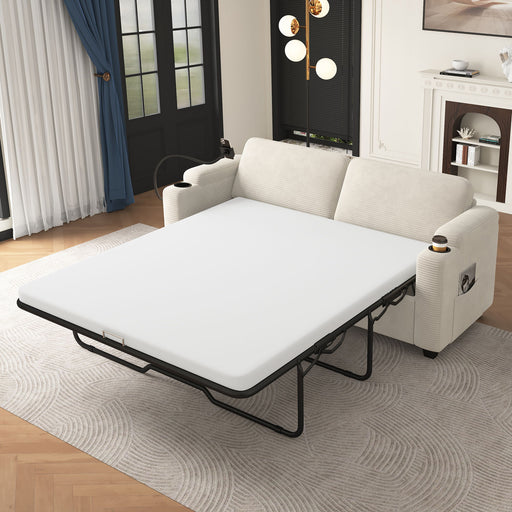 Giga sleeper loveseat sofa with full size mattress, two USB ports, cup holders, side pockets, and phone holder in modern living room