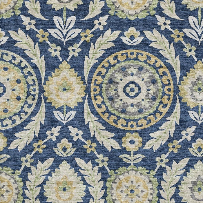 8' X 10' Floral Washable Area Rug With UV Protection - Navy Blue