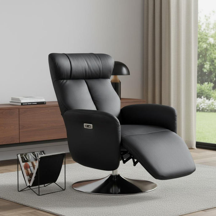 Tufted Genuine Leather Power Swivel Recliner (730558) - Black