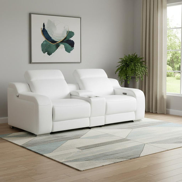Italian Leather Power Reclining Loveseat With Storage (633754) - White / Silver