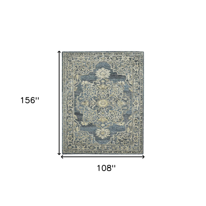 9' X 13' Wool Oriental Hand Tufted Area Rug - Denim Blue And Ivory