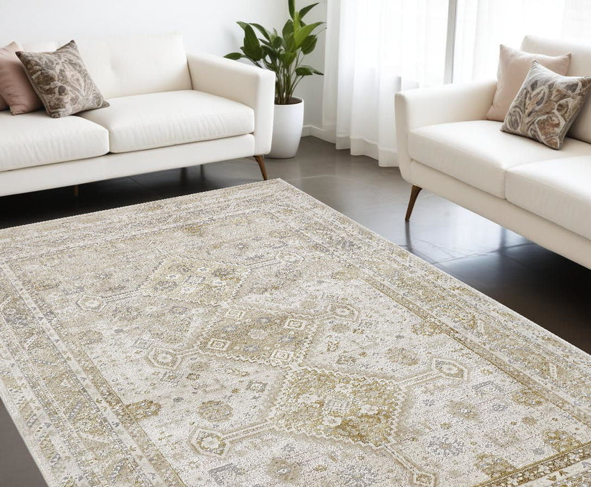 7' x 10' Floral Stain Resistant Area Rug - Gold And Ivory