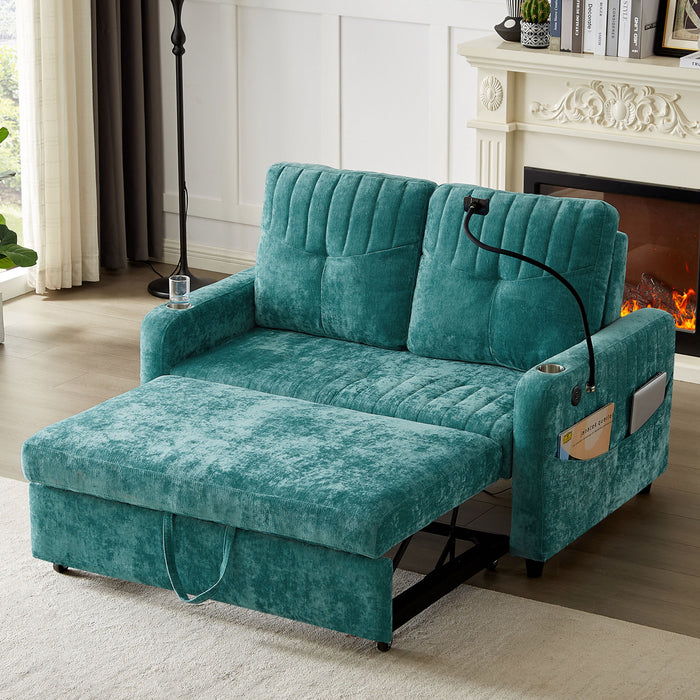 Giga modern loveseat pull-out sofa bed with adjustable backrest, two cup holders, phone holder, three charging ports, and side storage.