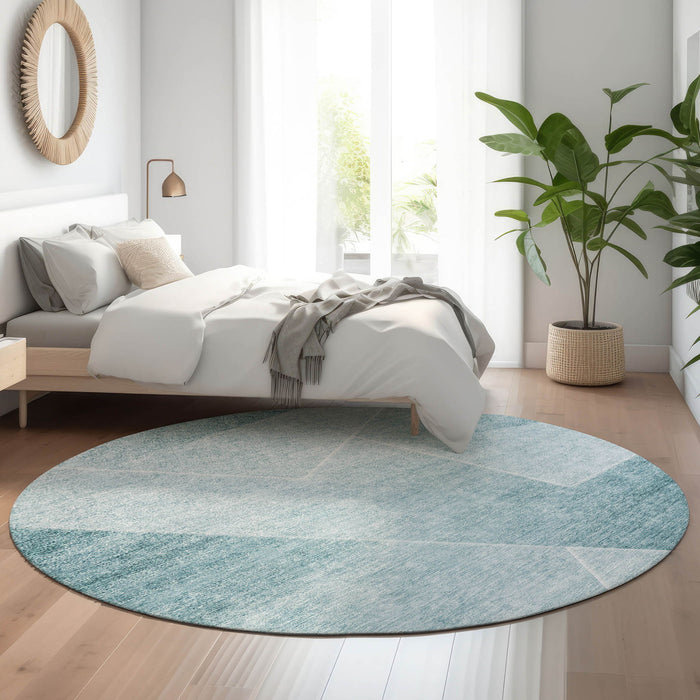 8' Geometric Washable Round Rug With UV Protection - Ivory And Teal
