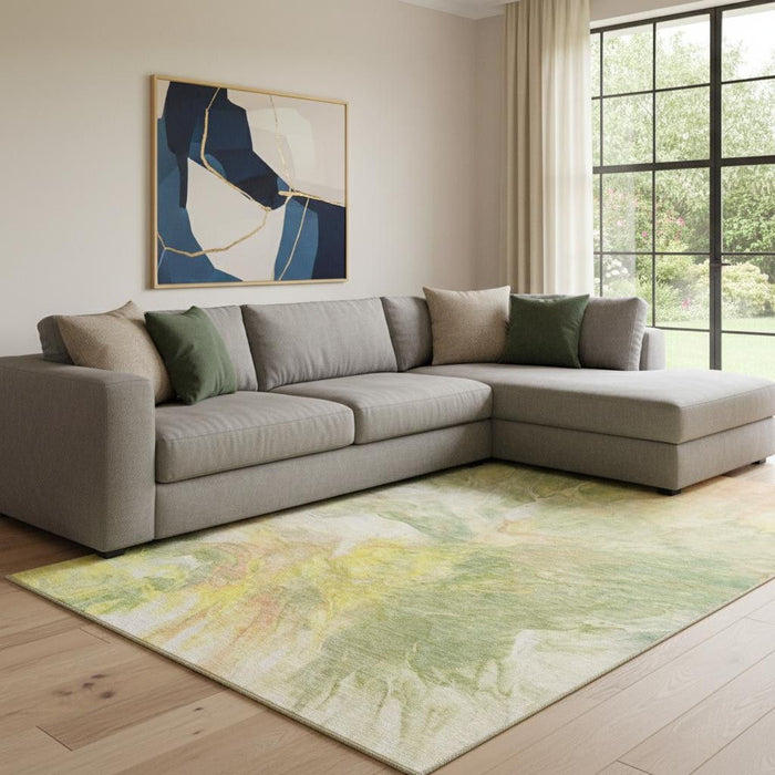 10' X 14' Abstract Washable Area Rug With UV Protection (653488) - Green / Peach / Yellow