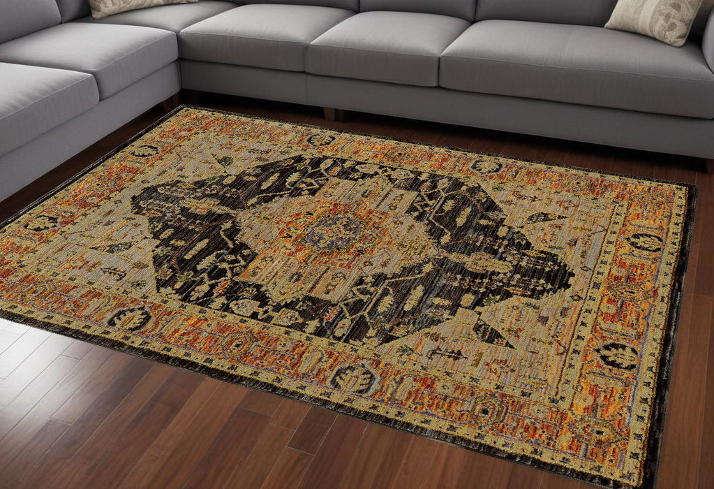 9' x 12' Oriental Power Loom Area Rug - Black And Gold
