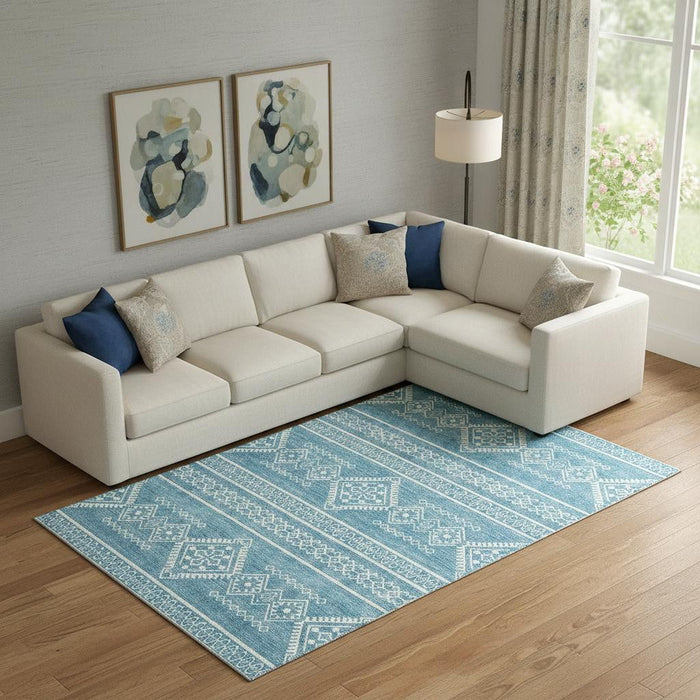 10' X 14' Southwestern Washable Area Rug With UV Protection (671678) - Teal / Ivory